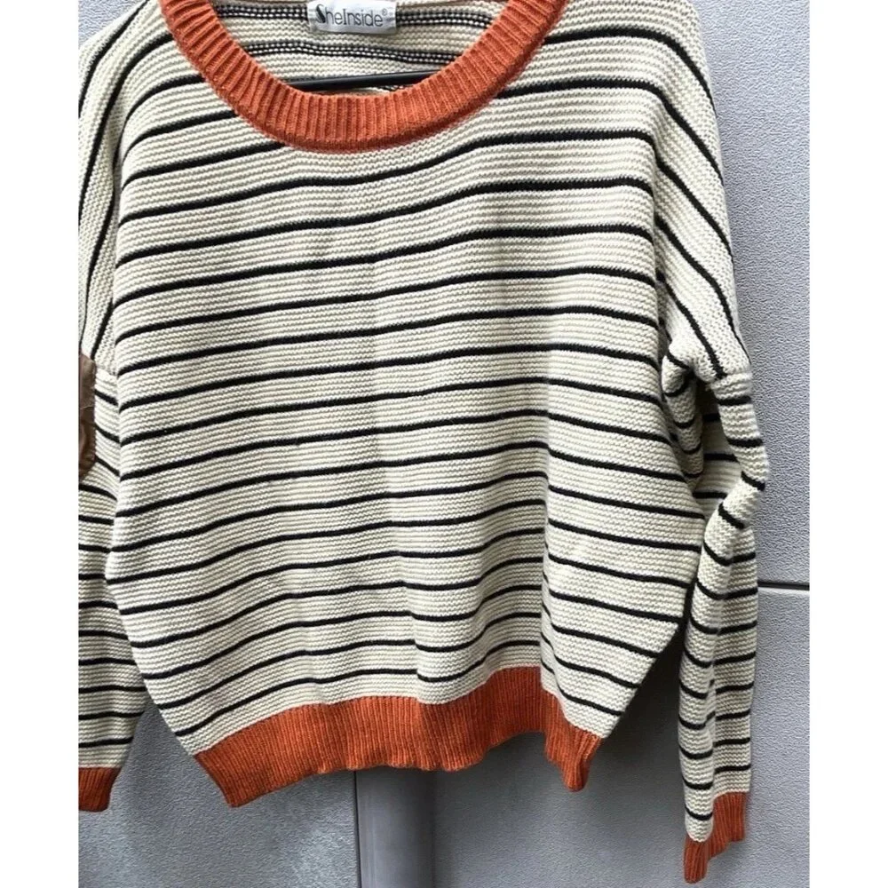 Vintage She Inside Women’s Sz Large Brown And Orange Cardigan Striped Sweater